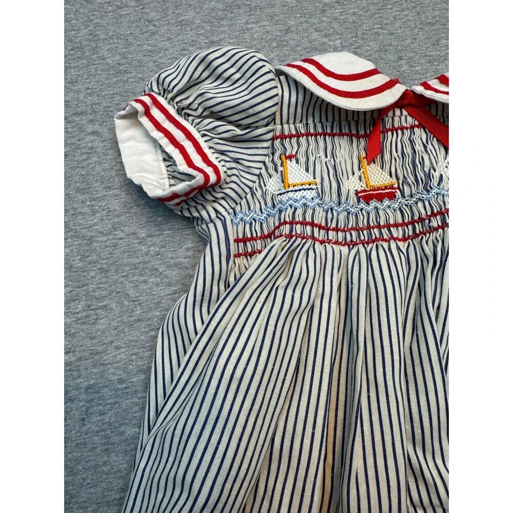 Vintage 1980s Girls Sailor Dress Smocked Nautical Striped Handmade Approx 4T